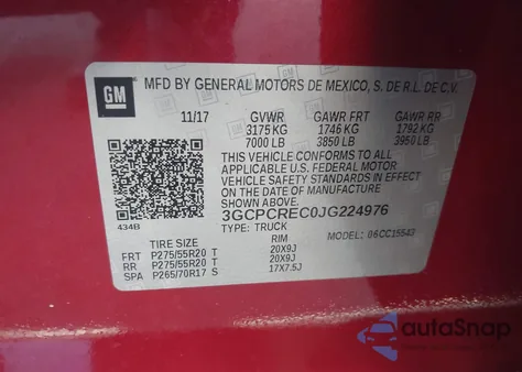2018 Chevrolet Silverado C1500 Lt z USA, uszkodzony, nr VIN 3GCPCREC0JG224976